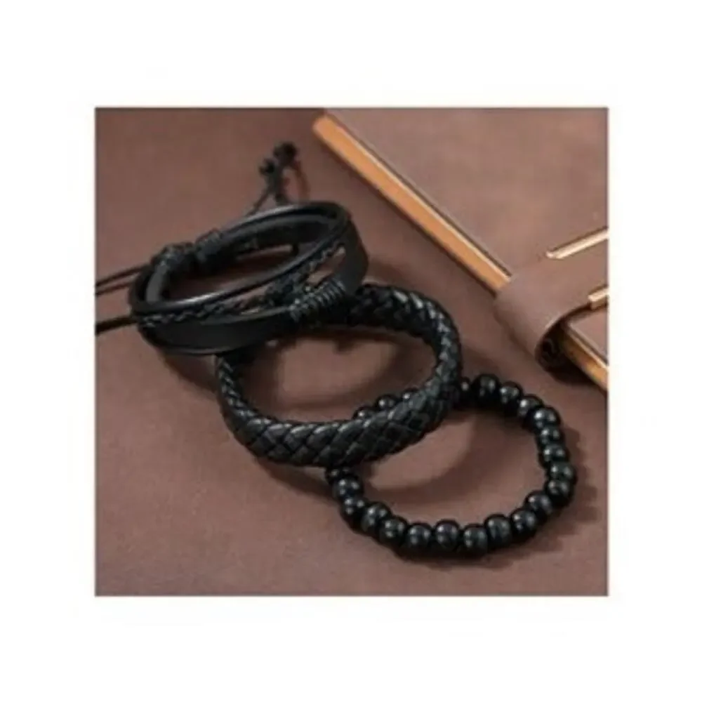 3pcs Men's Vintage Black Leather Woven Handmade Bracelet